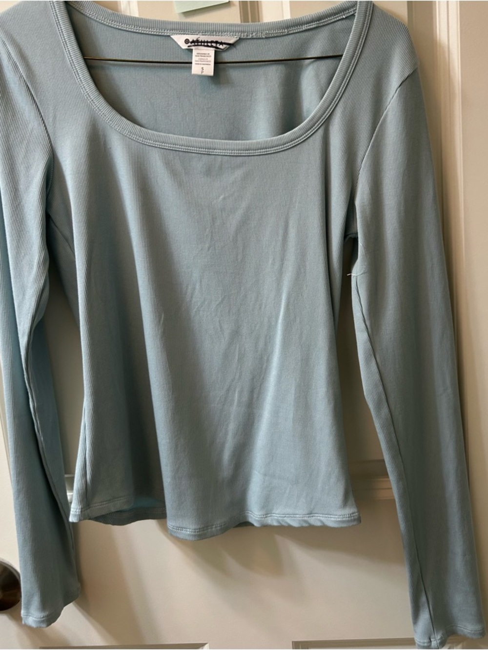 Athleta Pale Blue Long Sleeve Scoop Neck Top color is more like sage